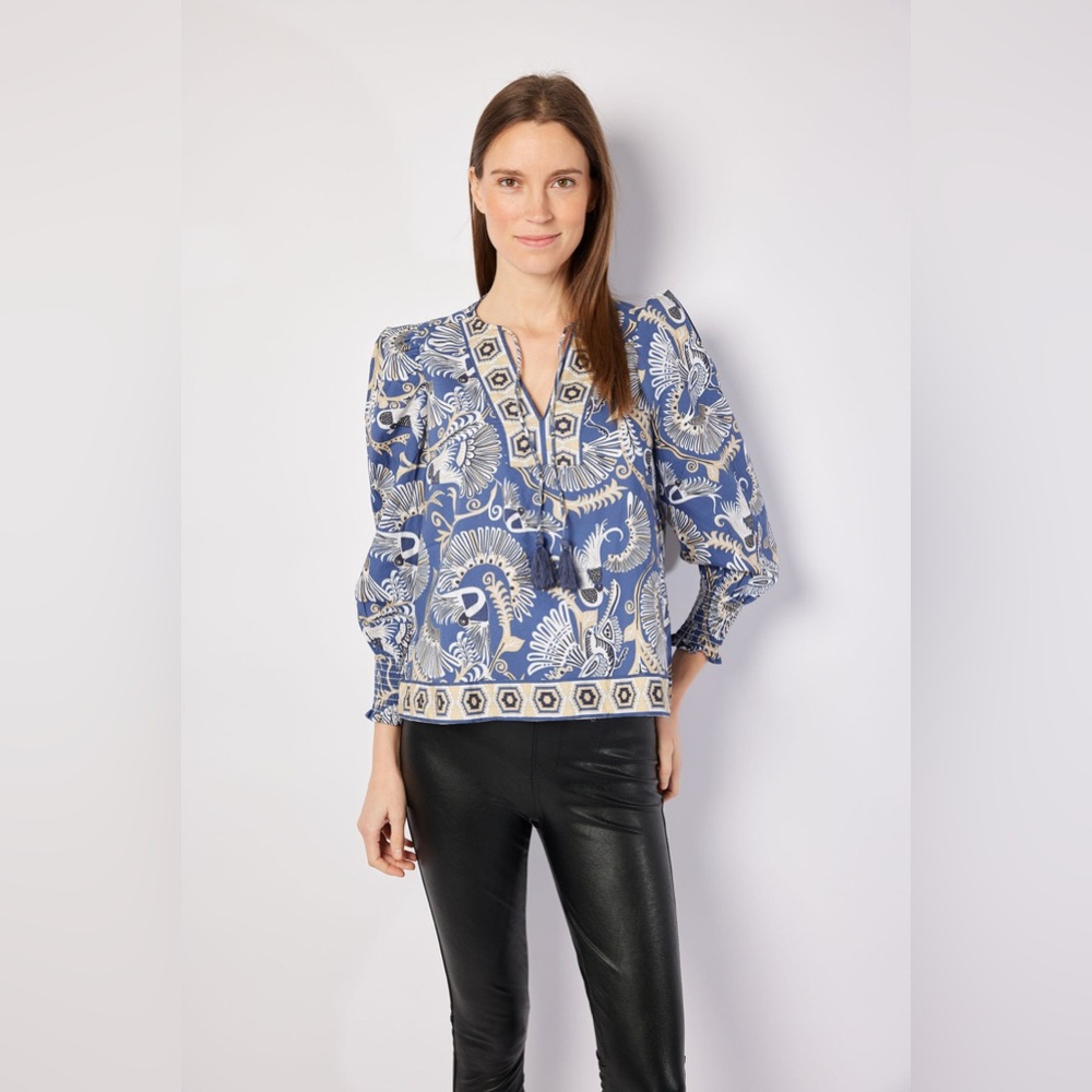 Sail to Sable Blue x CK Bradley Puff Sleeve Printed Top with Tassels size Small
